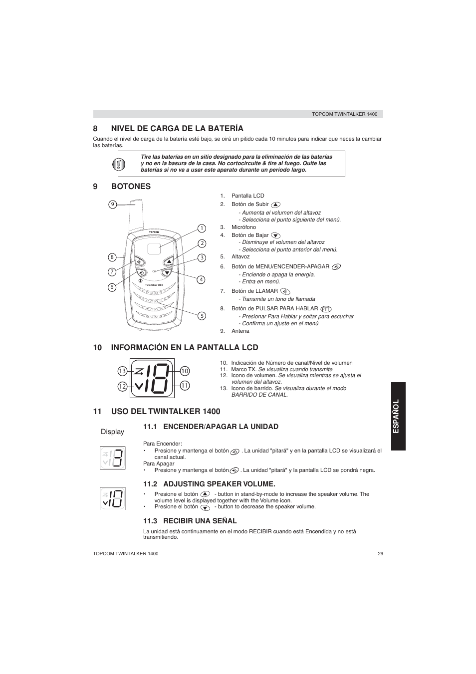 8nivel de carga de la batería, 9botones, 10 información en la pantalla lcd | Topcom Twintalker 1400 User Manual | Page 29 / 100