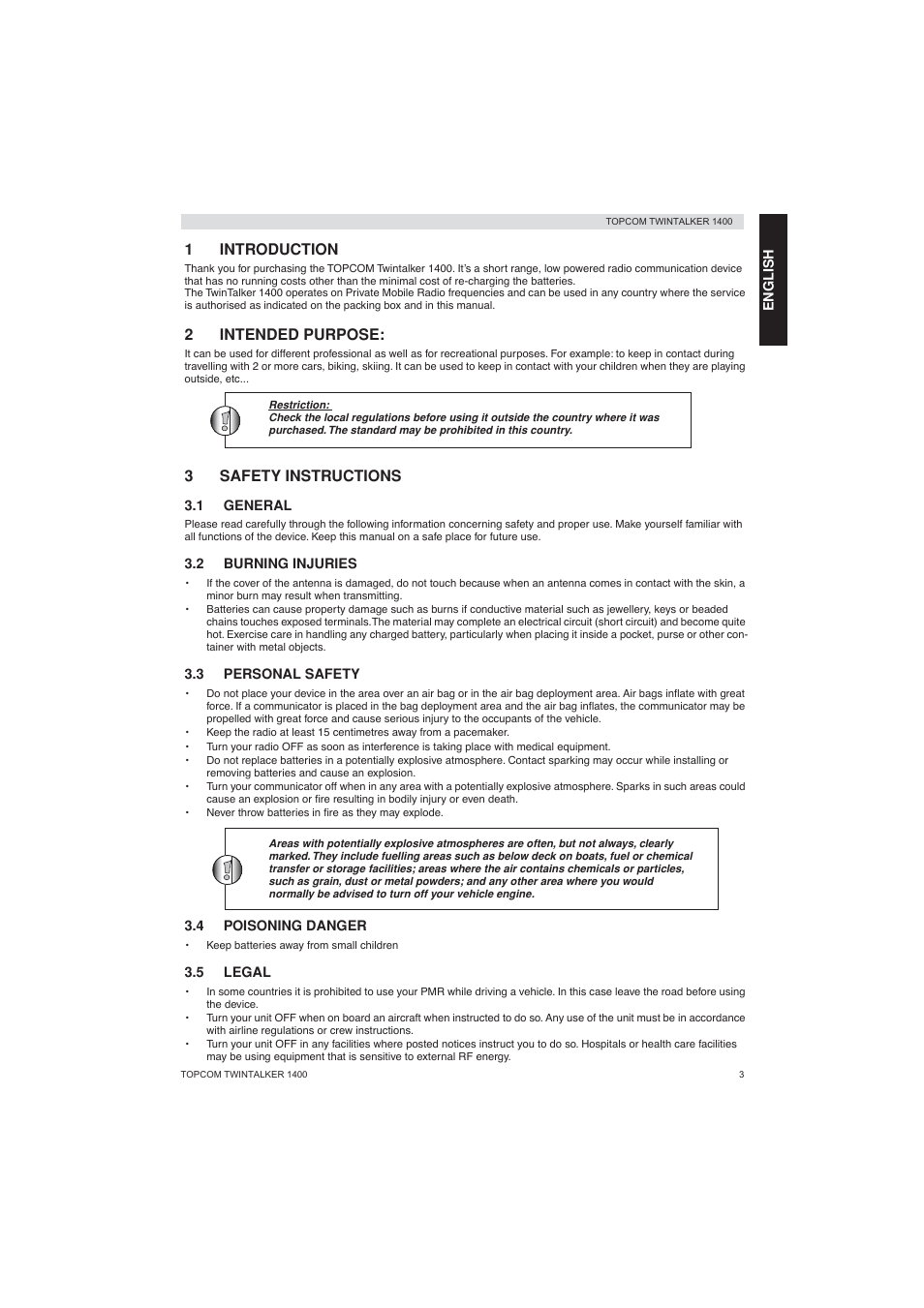 1introduction, 2intended purpose, 3safety instructions | Topcom Twintalker 1400 User Manual | Page 3 / 100