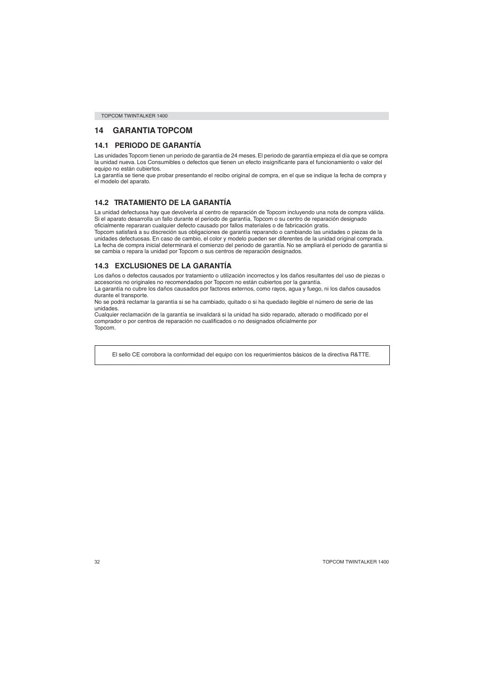 14 garantia topcom | Topcom Twintalker 1400 User Manual | Page 32 / 100