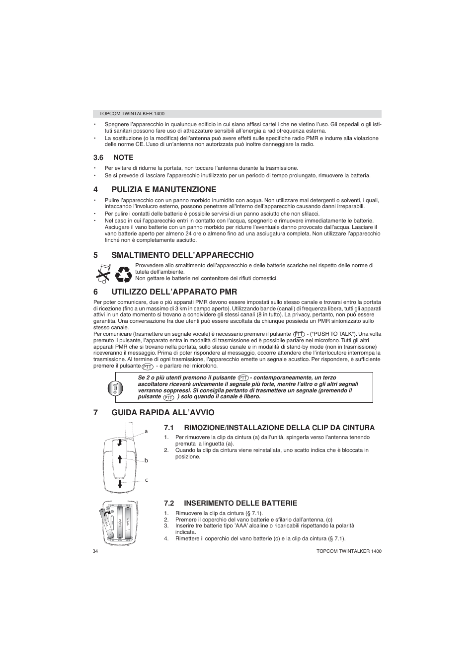 4pulizia e manutenzione, 5smaltimento dell’apparecchio, 6utilizzo dell’apparato pmr | 7guida rapida all’avvio | Topcom Twintalker 1400 User Manual | Page 34 / 100