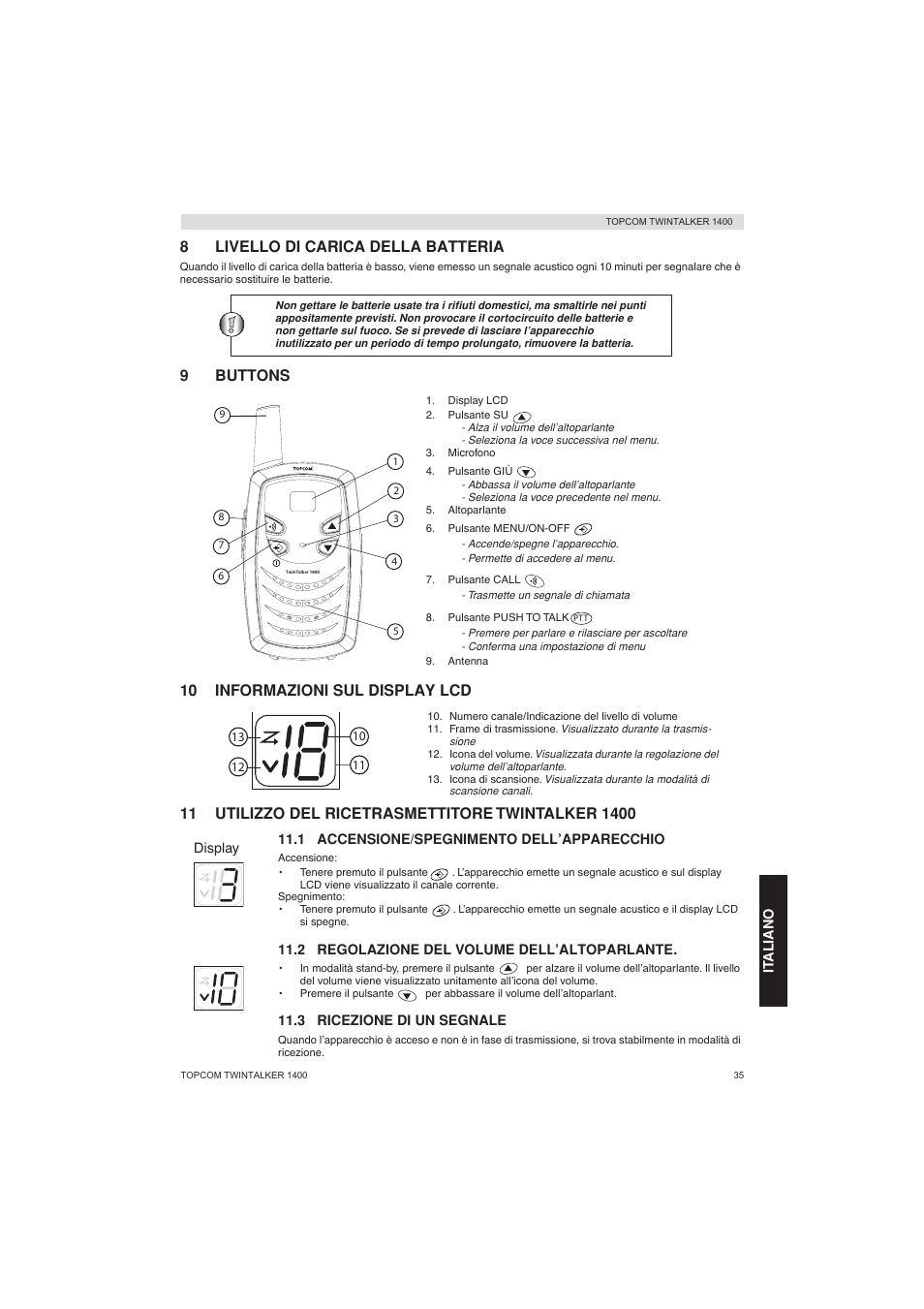 8livello di carica della batteria, 9buttons, 10 informazioni sul display lcd | Topcom Twintalker 1400 User Manual | Page 35 / 100