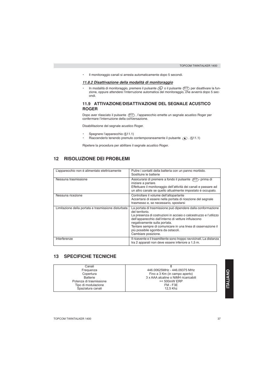 12 risoluzione dei problemi 13 specifiche tecniche | Topcom Twintalker 1400 User Manual | Page 37 / 100