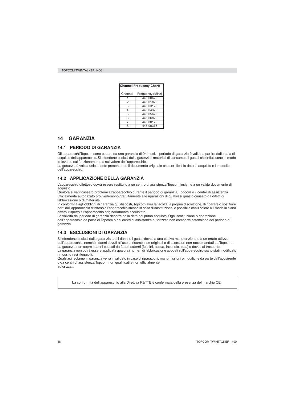 14 garanzia | Topcom Twintalker 1400 User Manual | Page 38 / 100