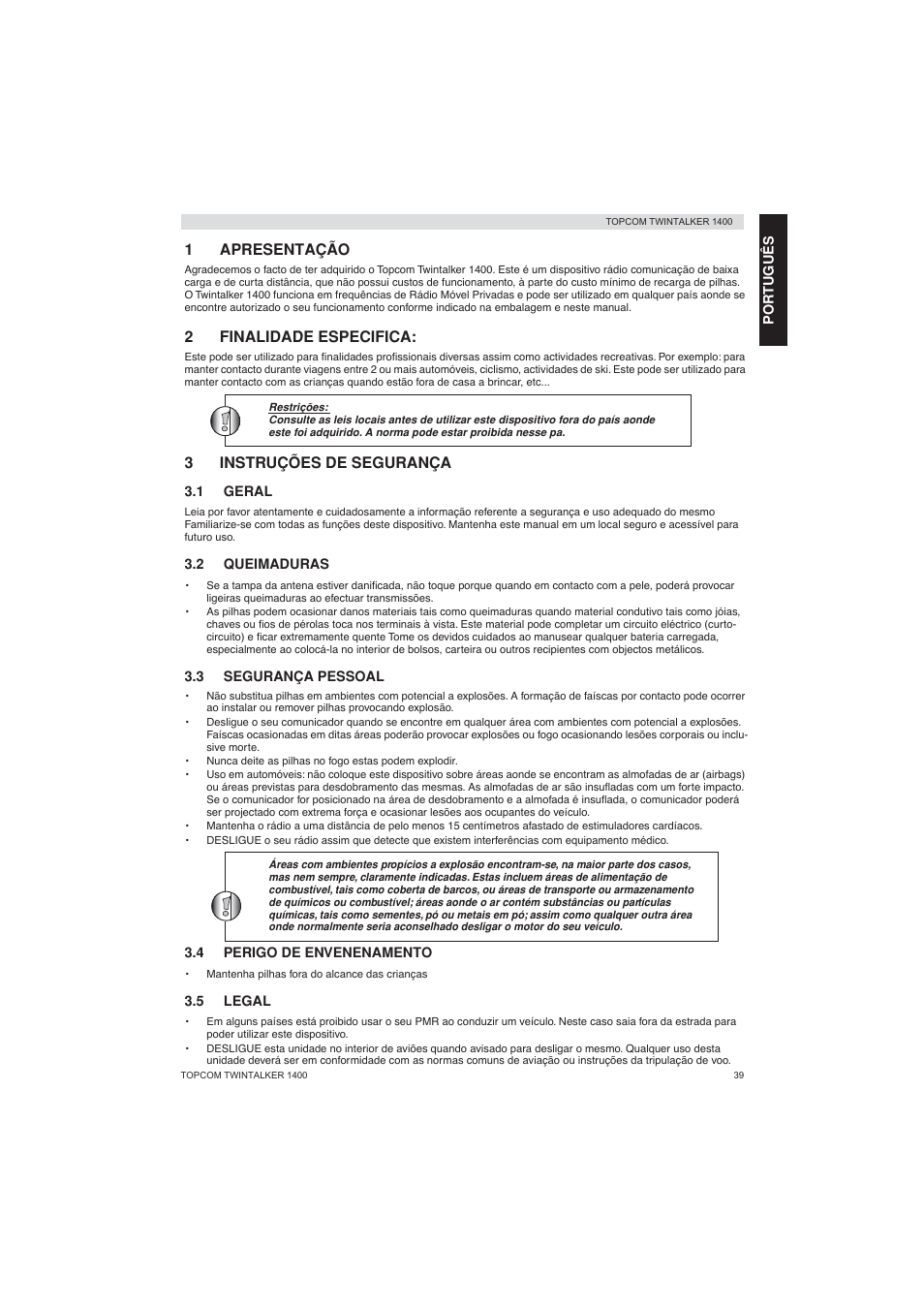 1apresentação, 2finalidade especifica, 3instruções de segurança | Topcom Twintalker 1400 User Manual | Page 39 / 100