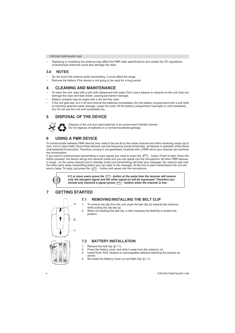 4cleaning and maintenance, 5disposal of the device, 6using a pmr device | 7getting started | Topcom Twintalker 1400 User Manual | Page 4 / 100