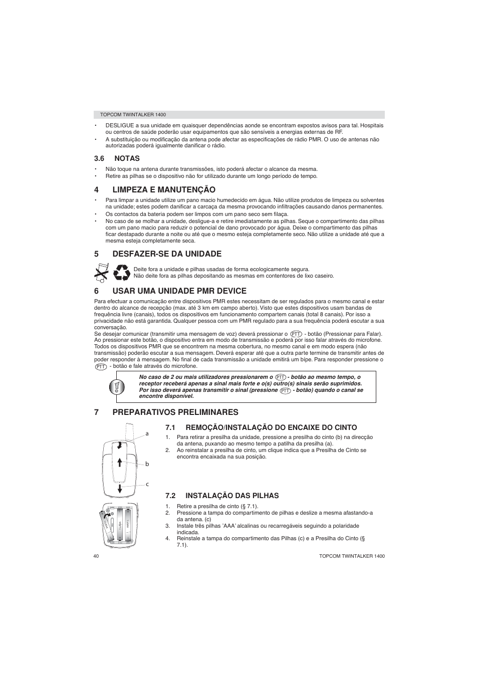 4limpeza e manutenção, 5desfazer-se da unidade, 6usar uma unidade pmr device | 7preparativos preliminares | Topcom Twintalker 1400 User Manual | Page 40 / 100