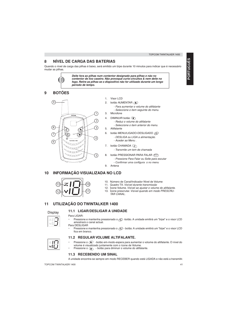 8nível de carga das baterias, 9botões, 10 informação visualizada no lcd | Topcom Twintalker 1400 User Manual | Page 41 / 100