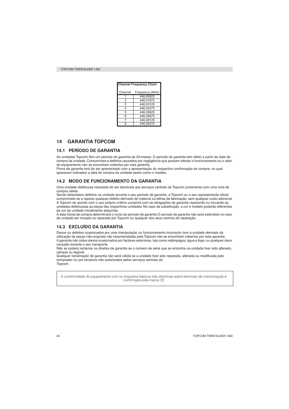 14 garantia topcom | Topcom Twintalker 1400 User Manual | Page 44 / 100