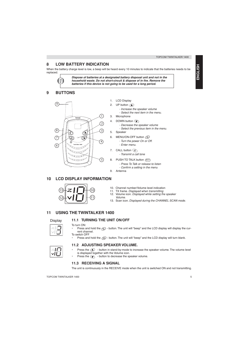 8low battery indication, 9buttons, 10 lcd display information | Topcom Twintalker 1400 User Manual | Page 5 / 100