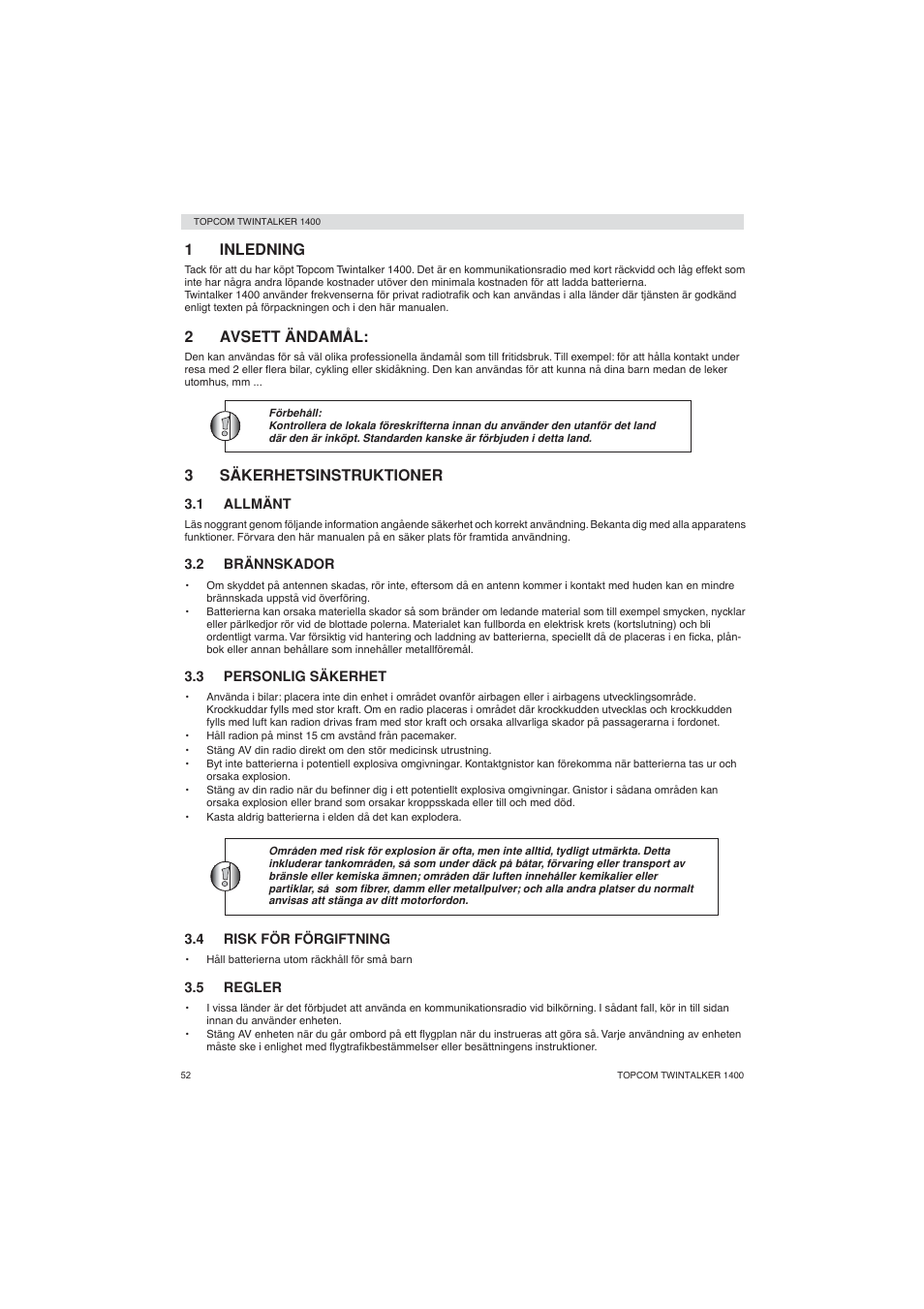 1inledning, 2avsett ändamål, 3säkerhetsinstruktioner | Topcom Twintalker 1400 User Manual | Page 52 / 100