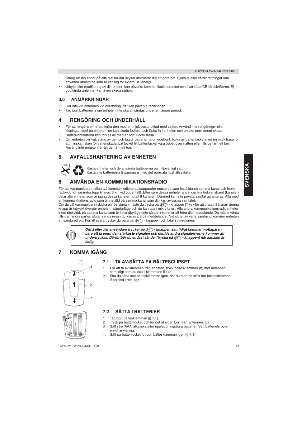 Svenska, 4rengöring och underhåll, 5avfallshantering av enheten | 6använda en kommunikationsradio, 7komma igång | Topcom Twintalker 1400 User Manual | Page 53 / 100