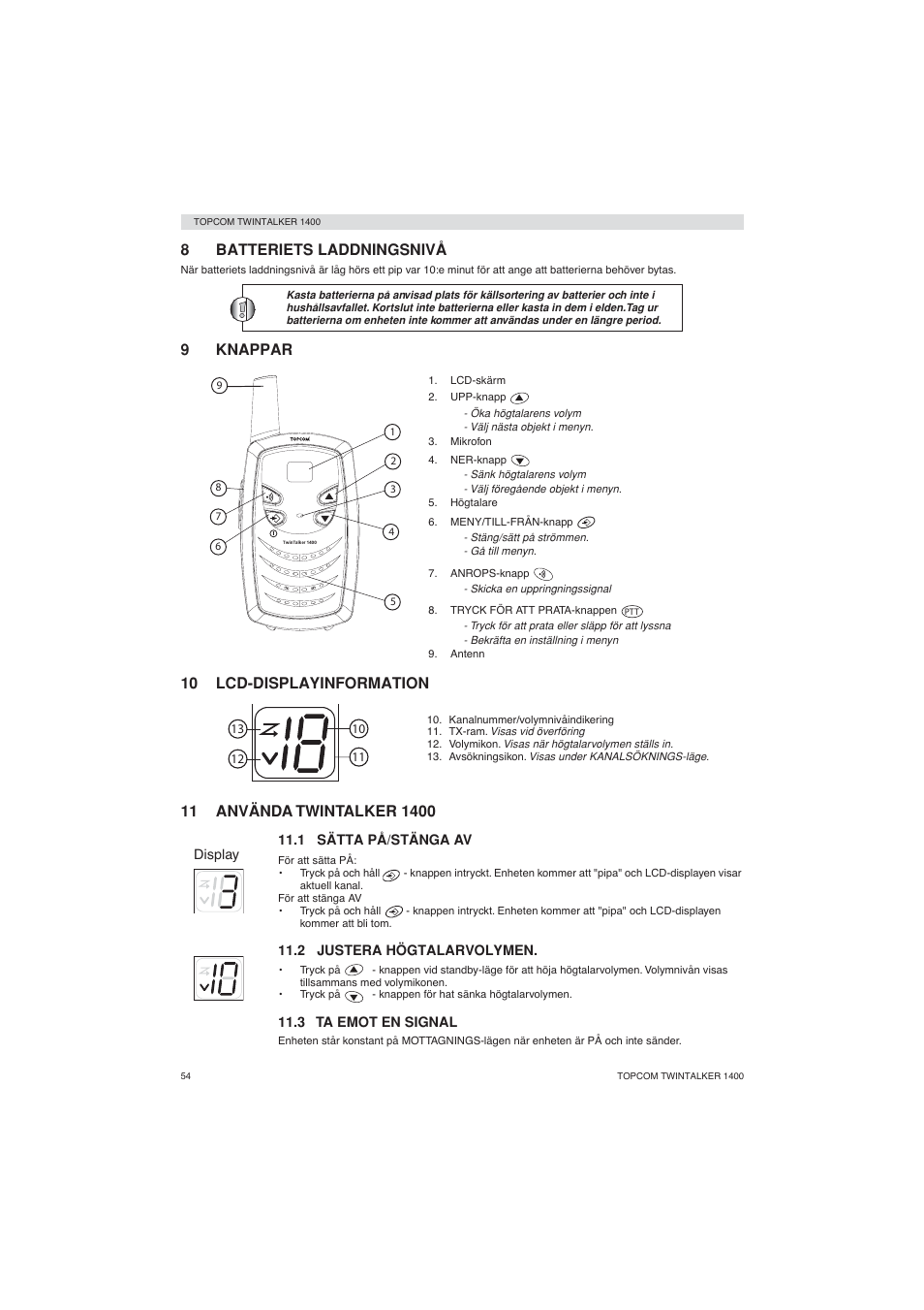 8batteriets laddningsnivå, 9knappar, 10 lcd-displayinformation | Topcom Twintalker 1400 User Manual | Page 54 / 100