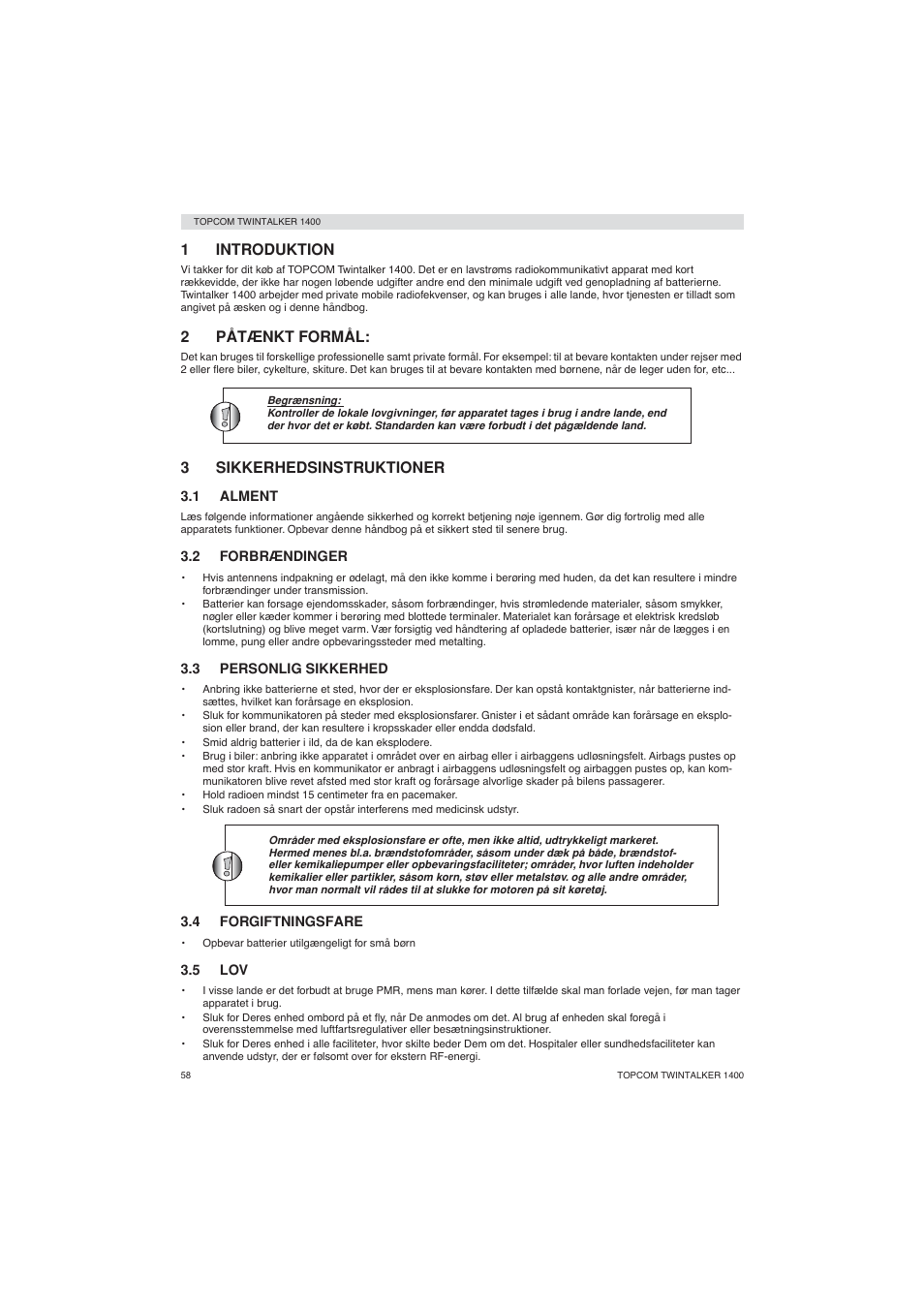 1introduktion, 2påtænkt formål, 3sikkerhedsinstruktioner | Topcom Twintalker 1400 User Manual | Page 58 / 100