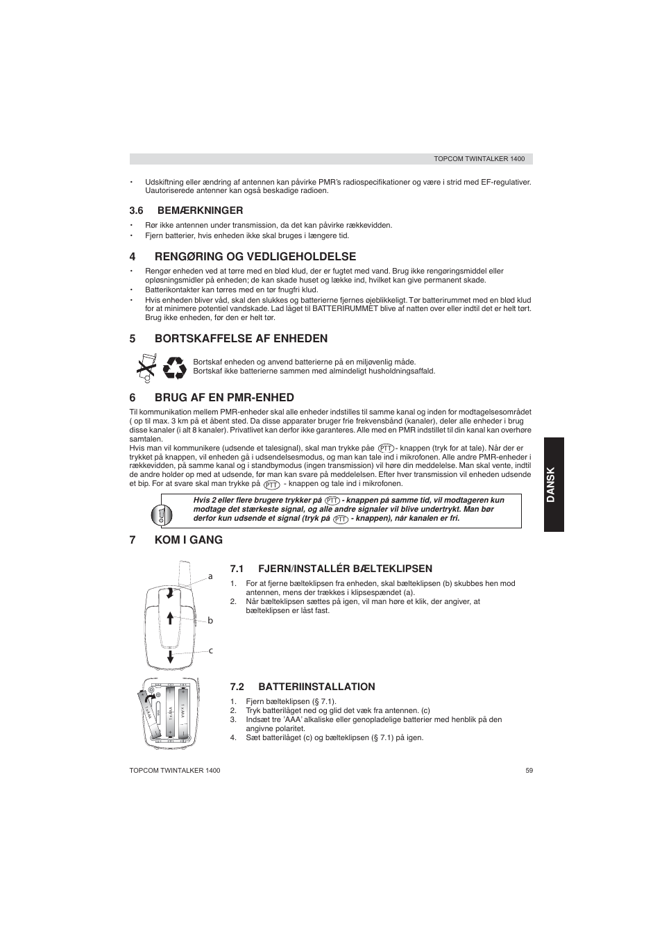 4rengøring og vedligeholdelse, 5bortskaffelse af enheden, 6brug af en pmr-enhed | 7kom i gang | Topcom Twintalker 1400 User Manual | Page 59 / 100