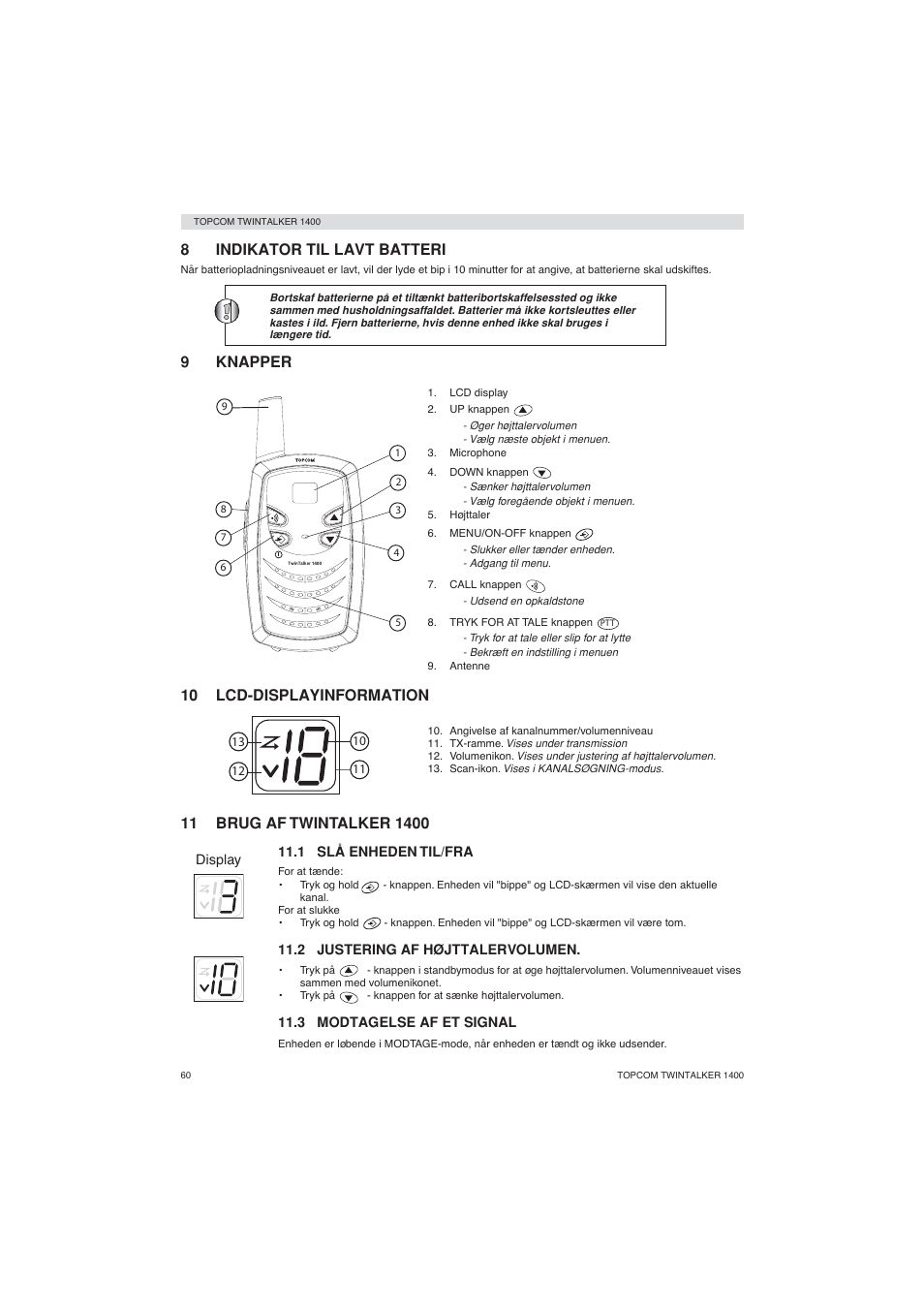 8indikator til lavt batteri, 9knapper, 10 lcd-displayinformation | Topcom Twintalker 1400 User Manual | Page 60 / 100