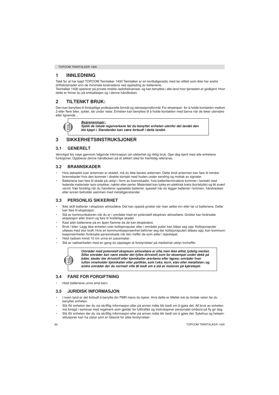 1innledning, 2tiltenkt bruk, 3sikkerhetsinstruksjoner | Topcom Twintalker 1400 User Manual | Page 64 / 100