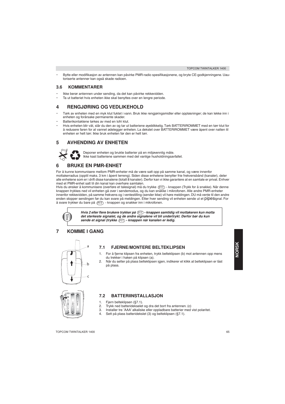 4rengjøring og vedlikehold, 5avhending av enheten, 6bruke en pmr-enhet | 7komme i gang | Topcom Twintalker 1400 User Manual | Page 65 / 100