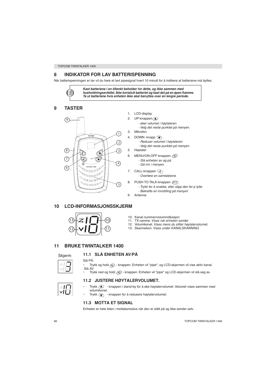 8indikator for lav batterispenning, 9taster, 10 lcd-informasjonsskjerm | Topcom Twintalker 1400 User Manual | Page 66 / 100