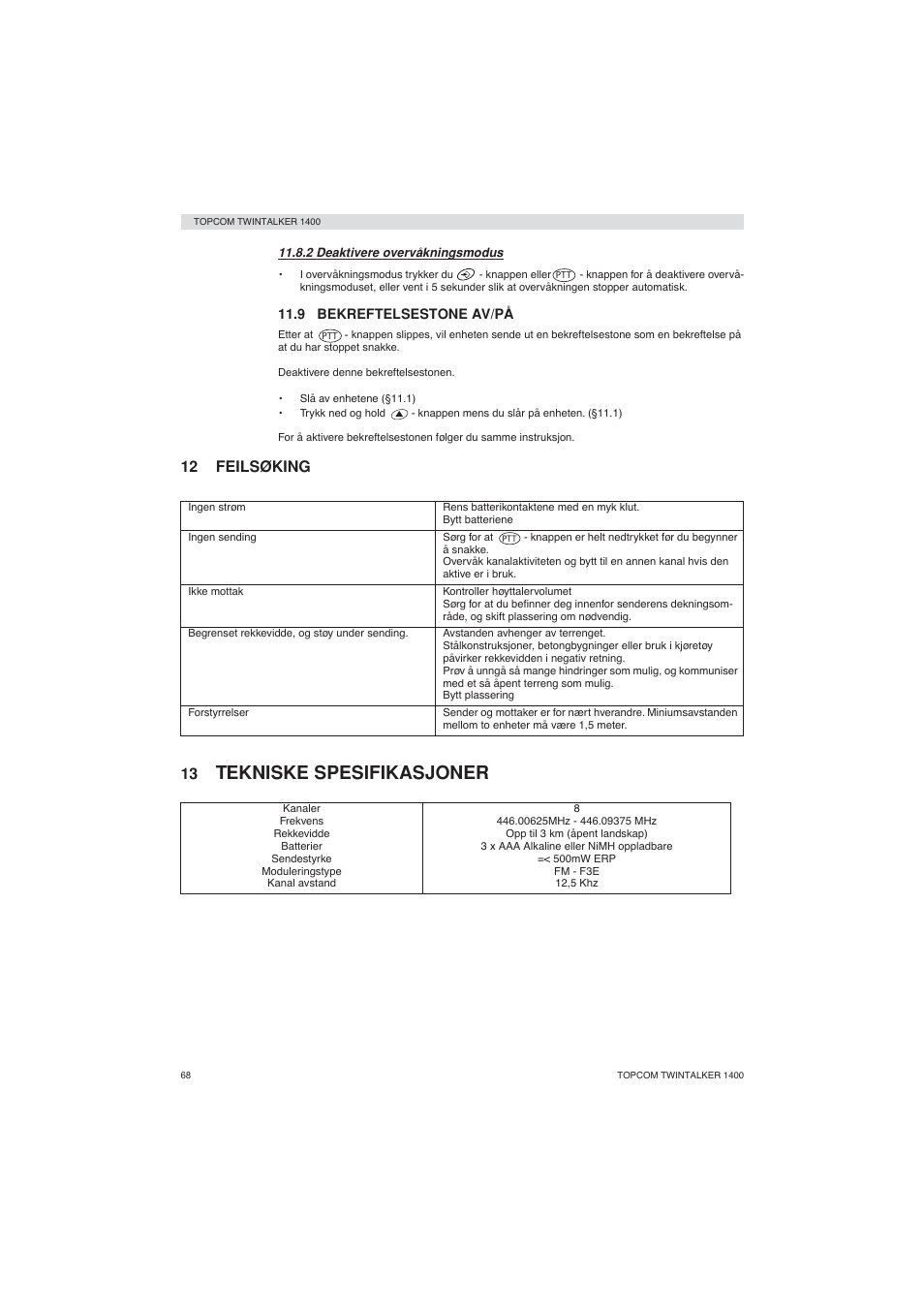 Tekniske spesifikasjoner, 12 feilsøking 13 | Topcom Twintalker 1400 User Manual | Page 68 / 100