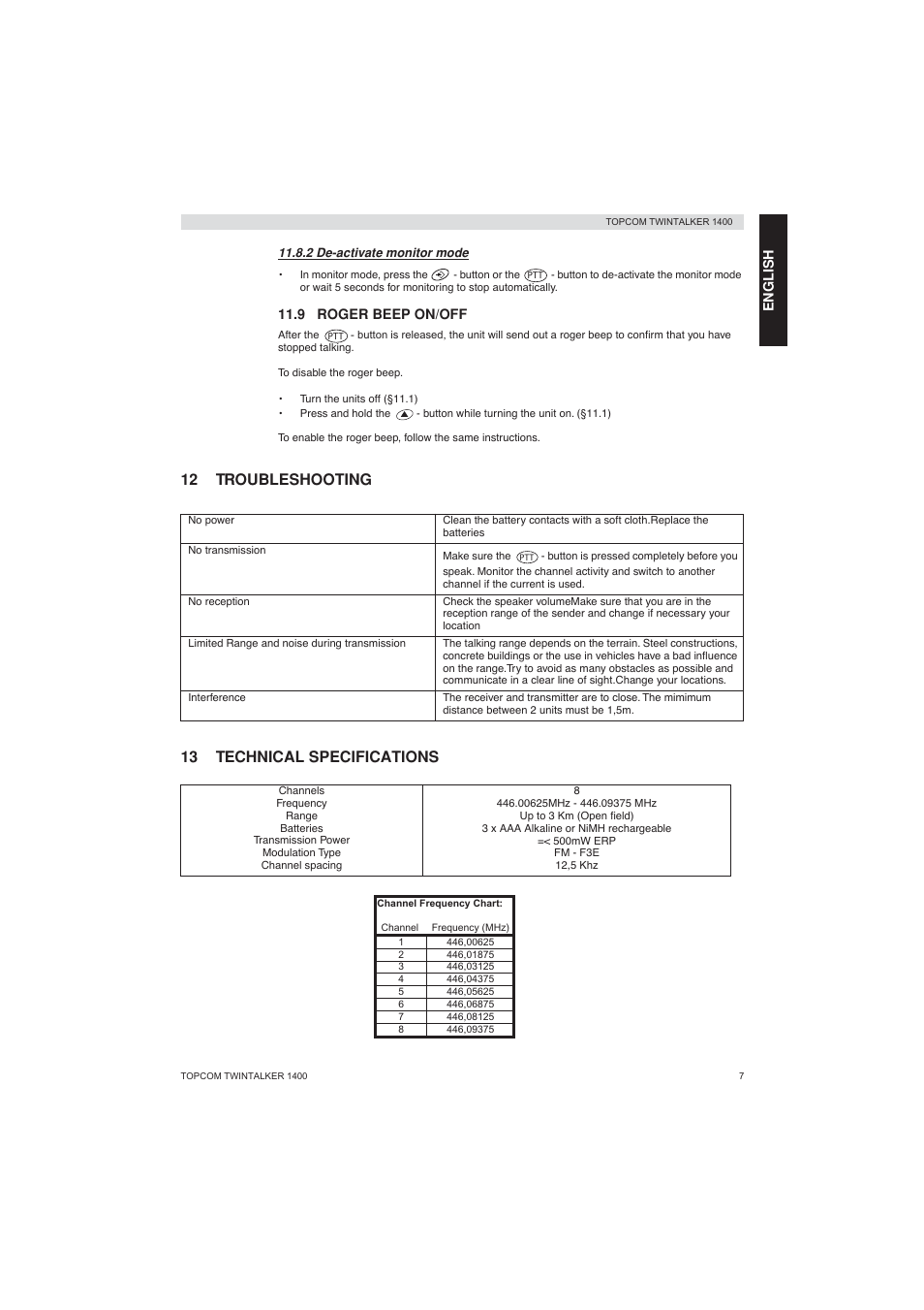 12 troubleshooting 13 technical specifications | Topcom Twintalker 1400 User Manual | Page 7 / 100