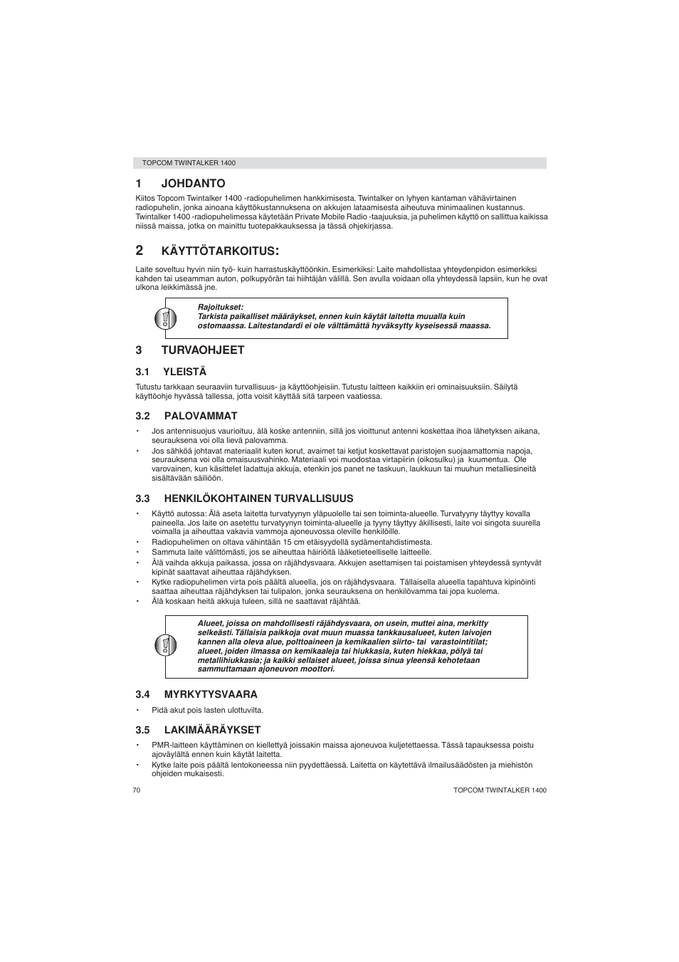 1johdanto, Käyttötarkoitus, 3turvaohjeet | Topcom Twintalker 1400 User Manual | Page 70 / 100