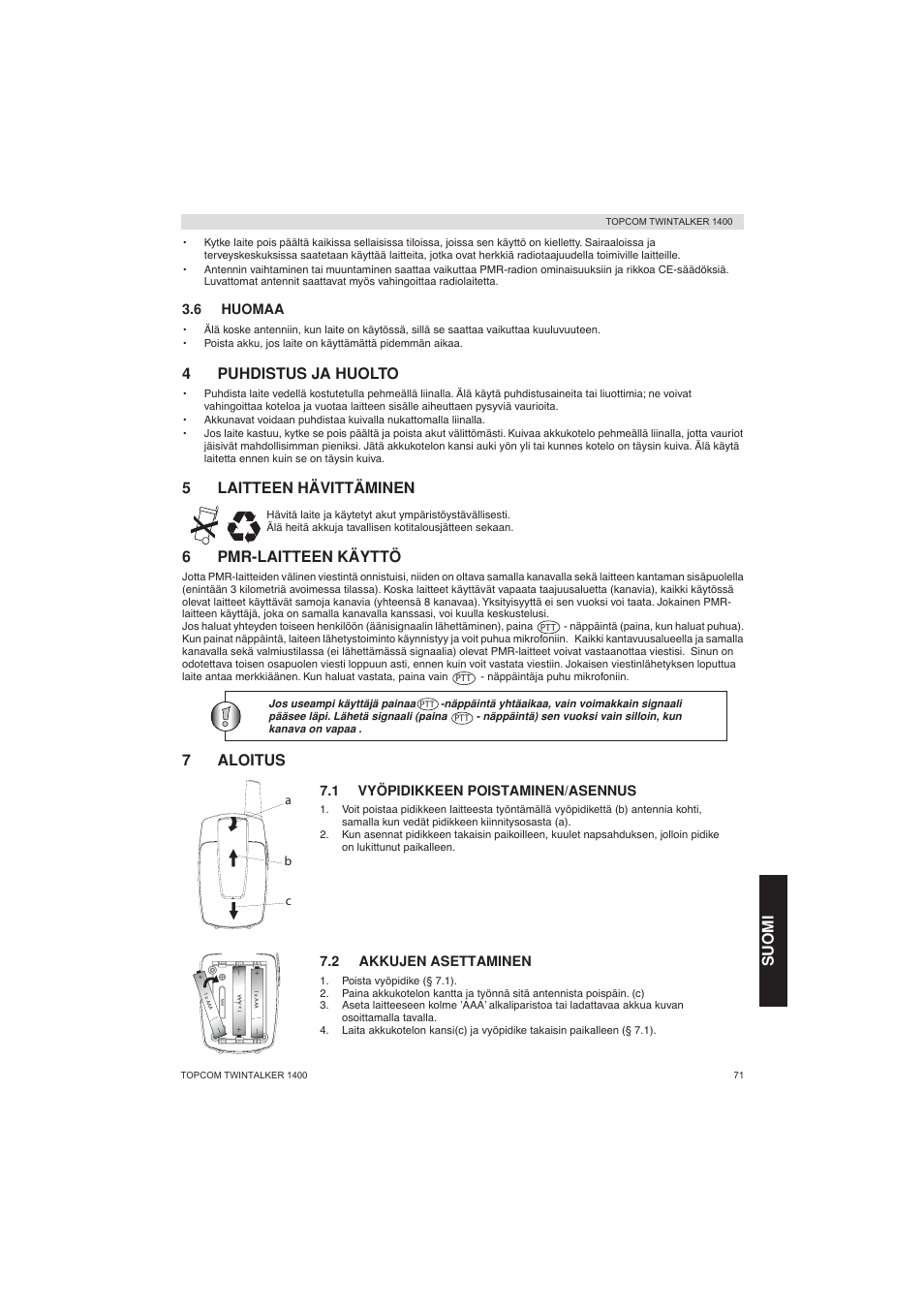 Suomi, 4puhdistus ja huolto, 5laitteen hävittäminen | 6pmr-laitteen käyttö, 7aloitus | Topcom Twintalker 1400 User Manual | Page 71 / 100