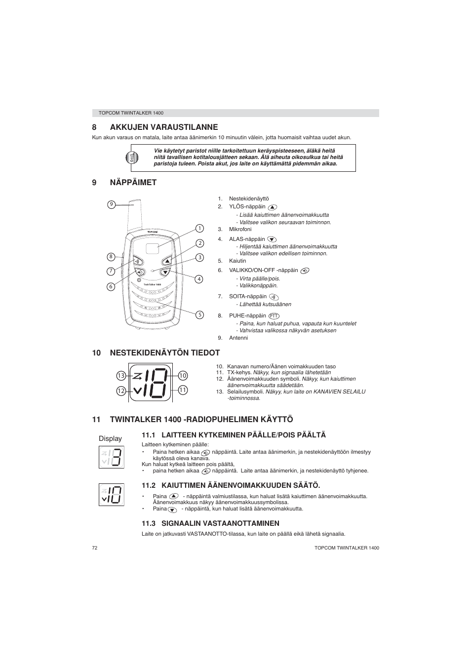 8akkujen varaustilanne, 9näppäimet, 10 nestekidenäytön tiedot | Topcom Twintalker 1400 User Manual | Page 72 / 100