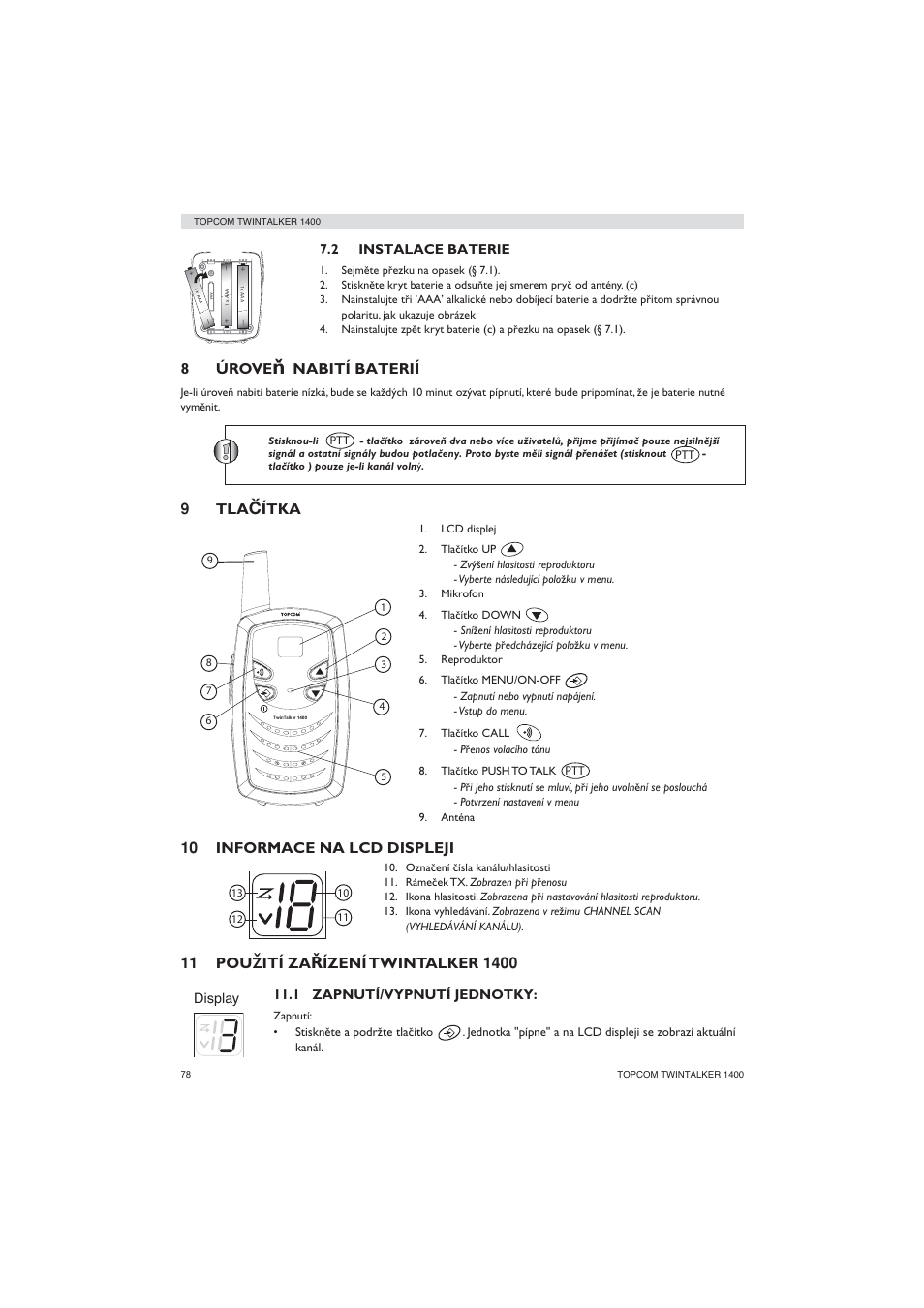 8úrove, Nabití baterií, 9tla | Ítka, 10 informace na lcd displeji, 11 pou, Ití za, Ízení twintalker 1400 | Topcom Twintalker 1400 User Manual | Page 78 / 100