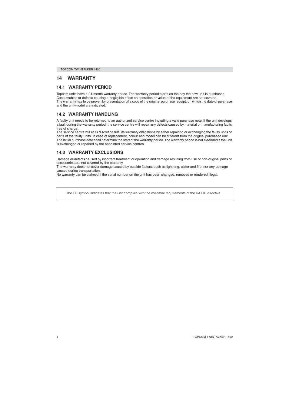 14 warranty | Topcom Twintalker 1400 User Manual | Page 8 / 100