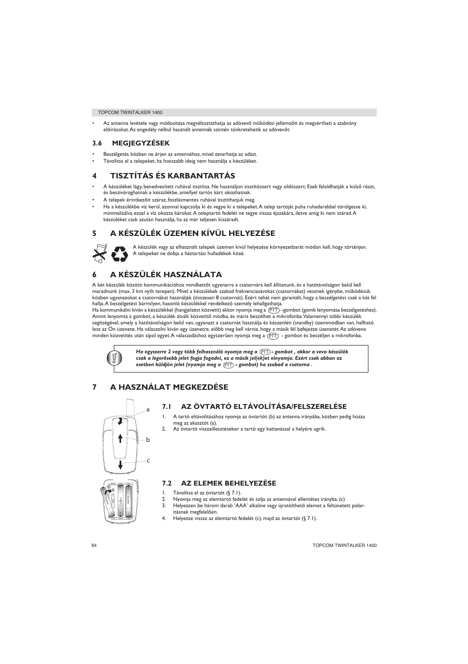 4tisztítás és karbantartás, 5a készülék üzemen kívül helyezése, 6a készülék használata | 7a használat megkezdése | Topcom Twintalker 1400 User Manual | Page 84 / 100