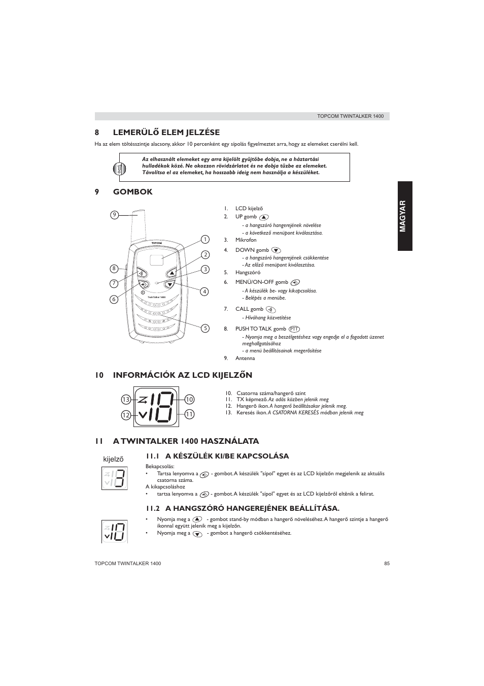 8lemerül, Elem jelzése, 9gombok | 10 információk az lcd kijelz | Topcom Twintalker 1400 User Manual | Page 85 / 100