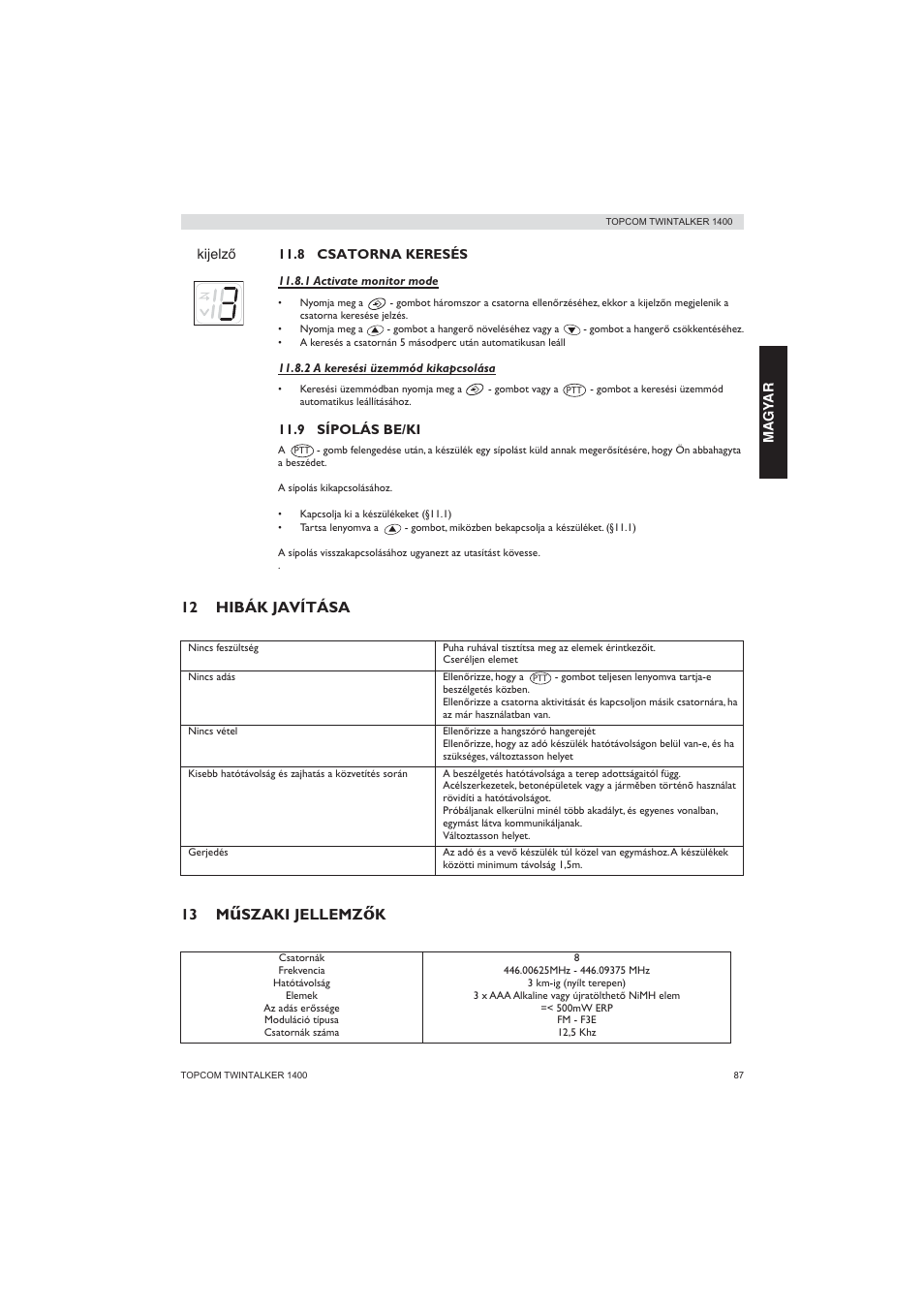 12 hibák javítása 13 m, Szaki jellemz | Topcom Twintalker 1400 User Manual | Page 87 / 100