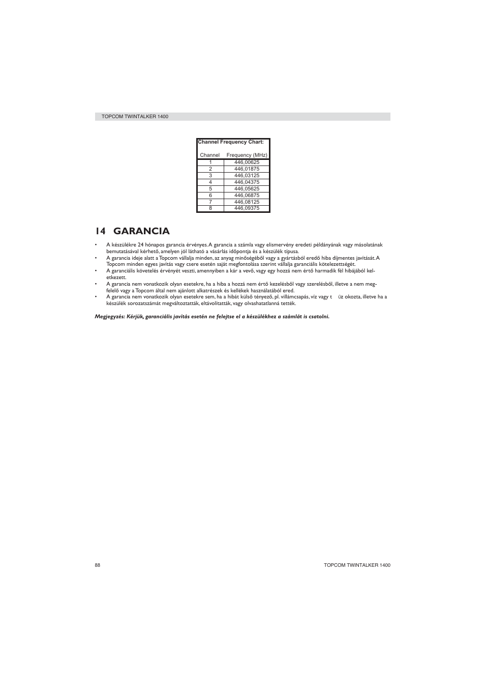 14 garancia | Topcom Twintalker 1400 User Manual | Page 88 / 100