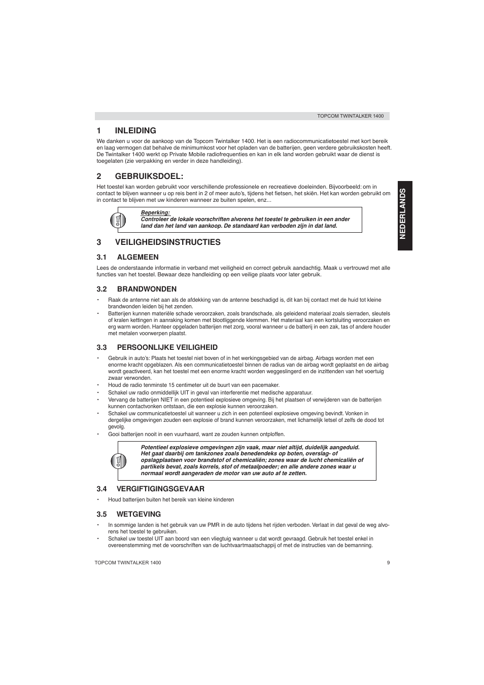 1inleiding, 2gebruiksdoel, 3veiligheidsinstructies | Topcom Twintalker 1400 User Manual | Page 9 / 100