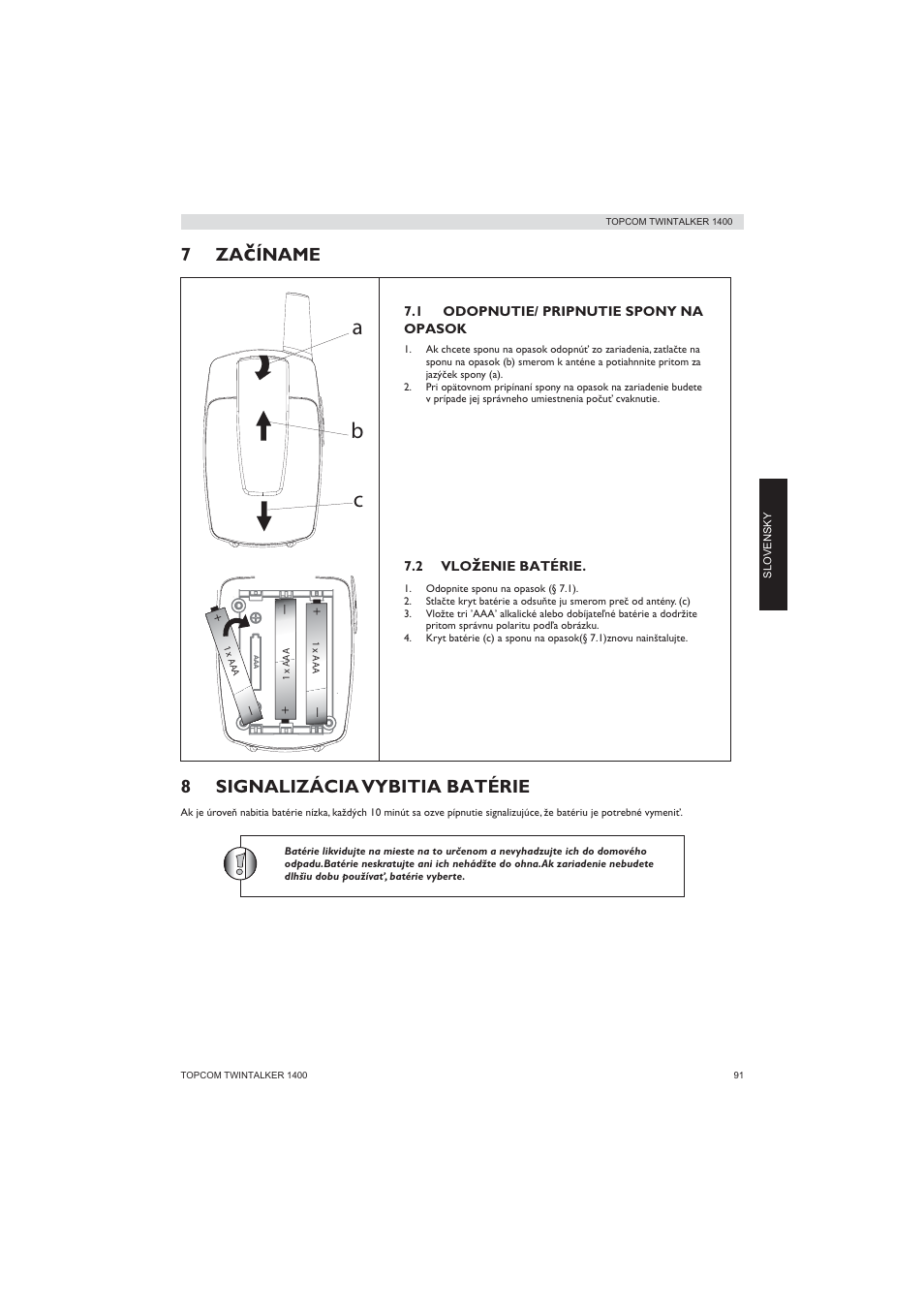 Ab c, Íname 8 signalizácia vybitia batérie | Topcom Twintalker 1400 User Manual | Page 91 / 100