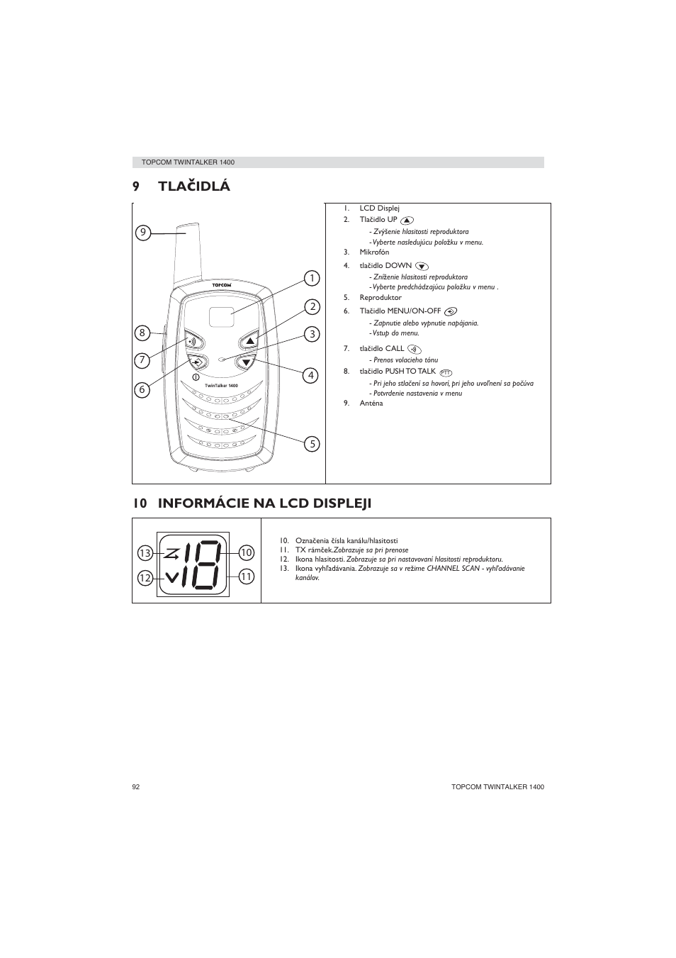 9tla, Idlá 10 informácie na lcd displeji | Topcom Twintalker 1400 User Manual | Page 92 / 100