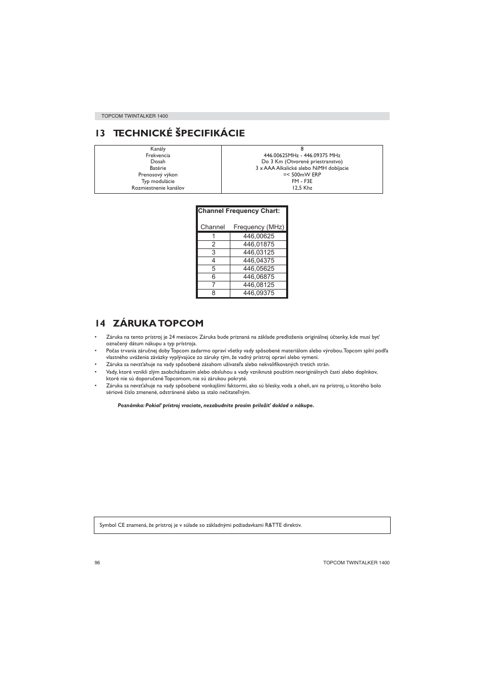 13 technické, Pecifikácie 14 záruka topcom | Topcom Twintalker 1400 User Manual | Page 96 / 100