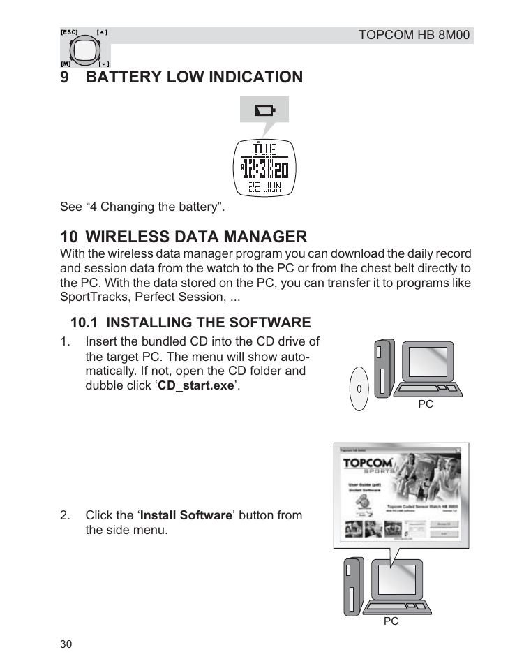 9battery low indication, 10 wireless data manager | Topcom HB 8M00 User Manual | Page 30 / 40