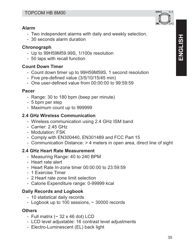 Engl ish | Topcom HB 8M00 User Manual | Page 35 / 40