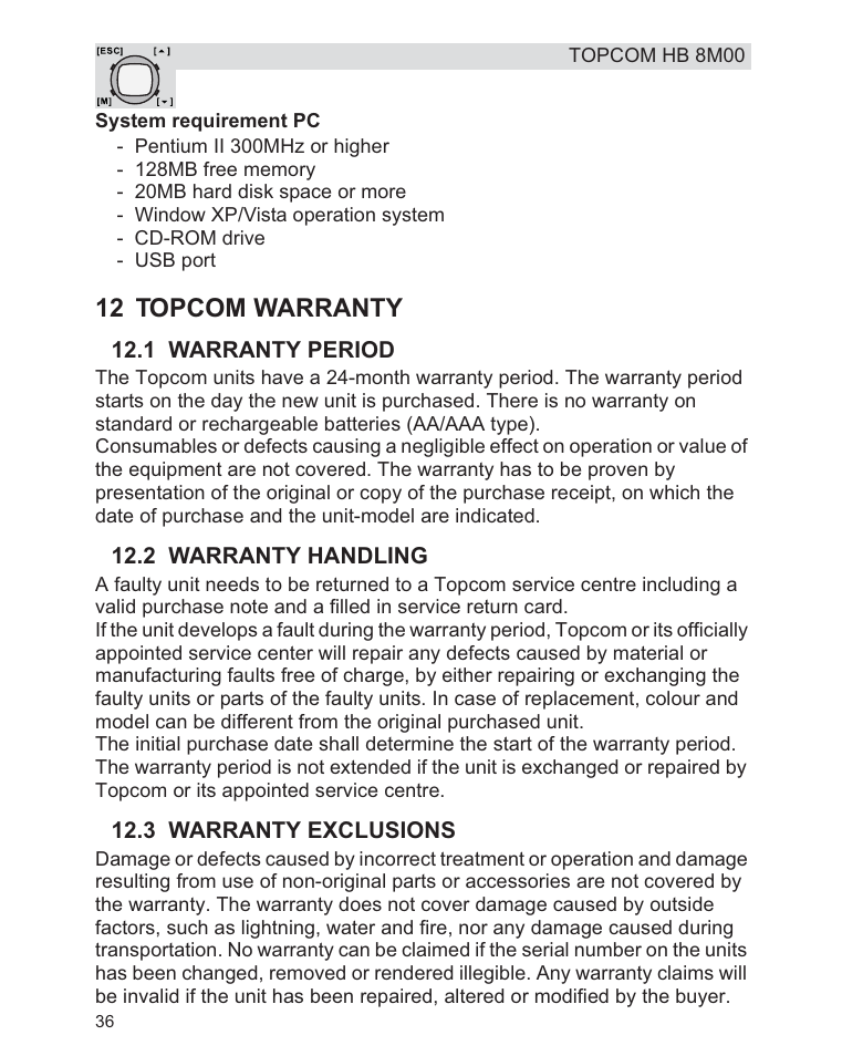 12 topcom warranty | Topcom HB 8M00 User Manual | Page 36 / 40