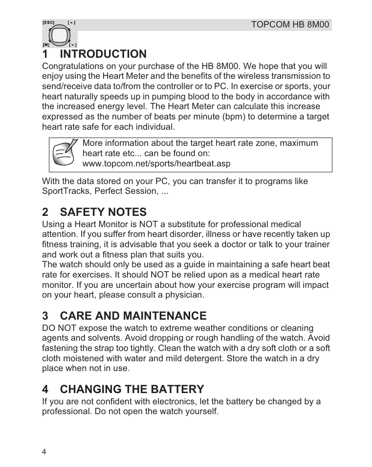 1introduction, 3care and maintenance, 4changing the battery | Topcom HB 8M00 User Manual | Page 4 / 40