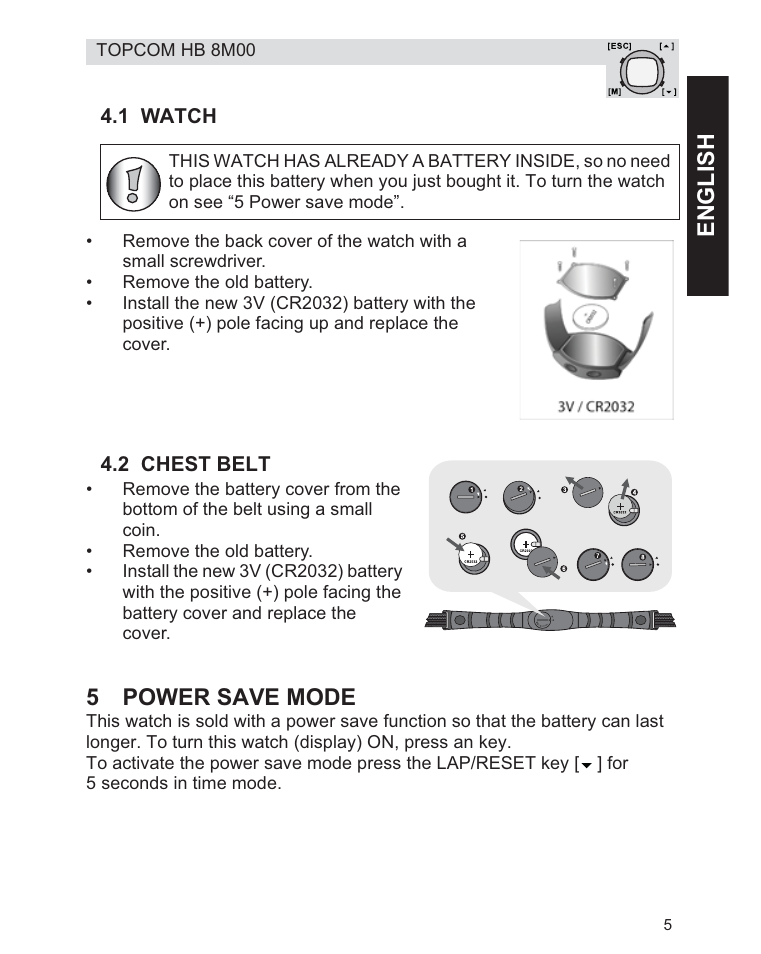 Engl ish, 5power save mode | Topcom HB 8M00 User Manual | Page 5 / 40