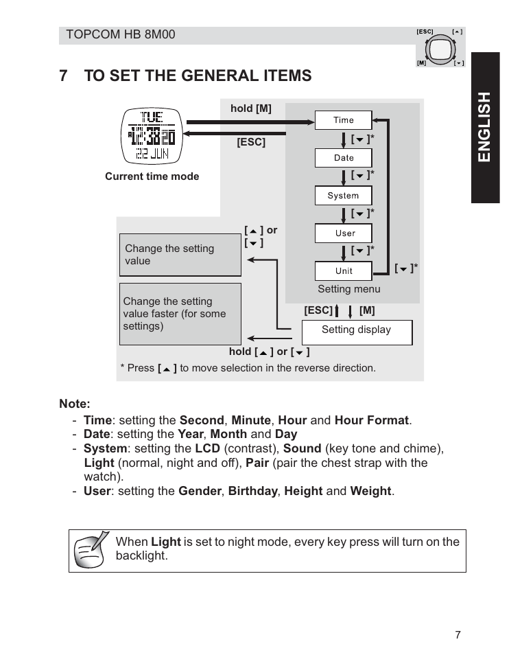 Engl ish, 7to set the general items | Topcom HB 8M00 User Manual | Page 7 / 40