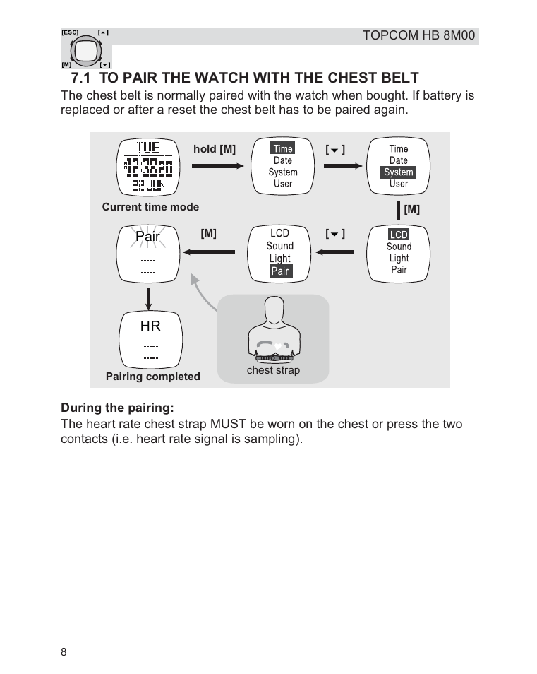 1 to pair the watch with the chest belt, Pair hr | Topcom HB 8M00 User Manual | Page 8 / 40