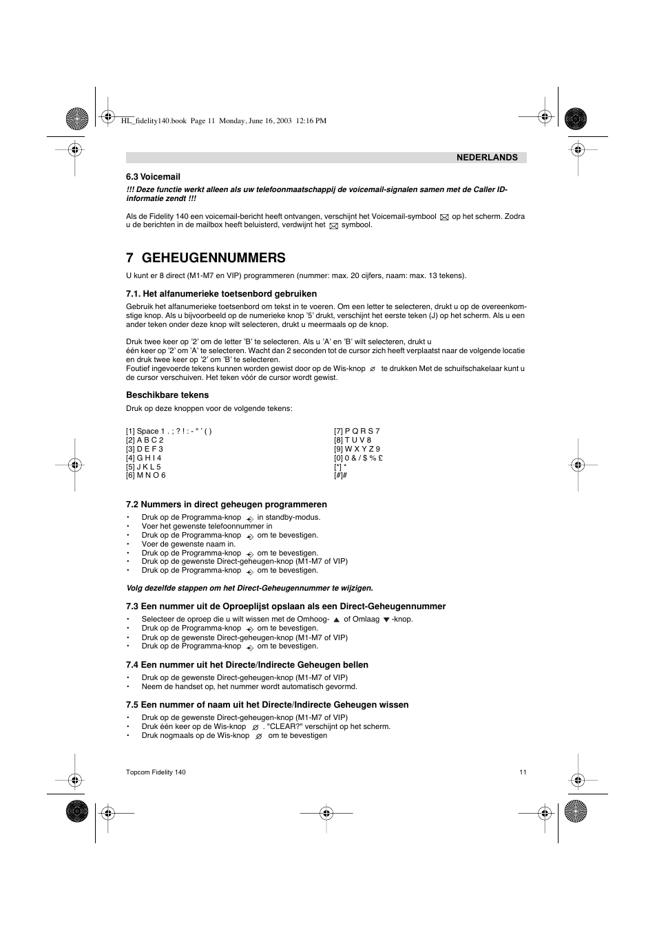 7 geheugennummers | Topcom FIDELITY 140 User Manual | Page 11 / 60