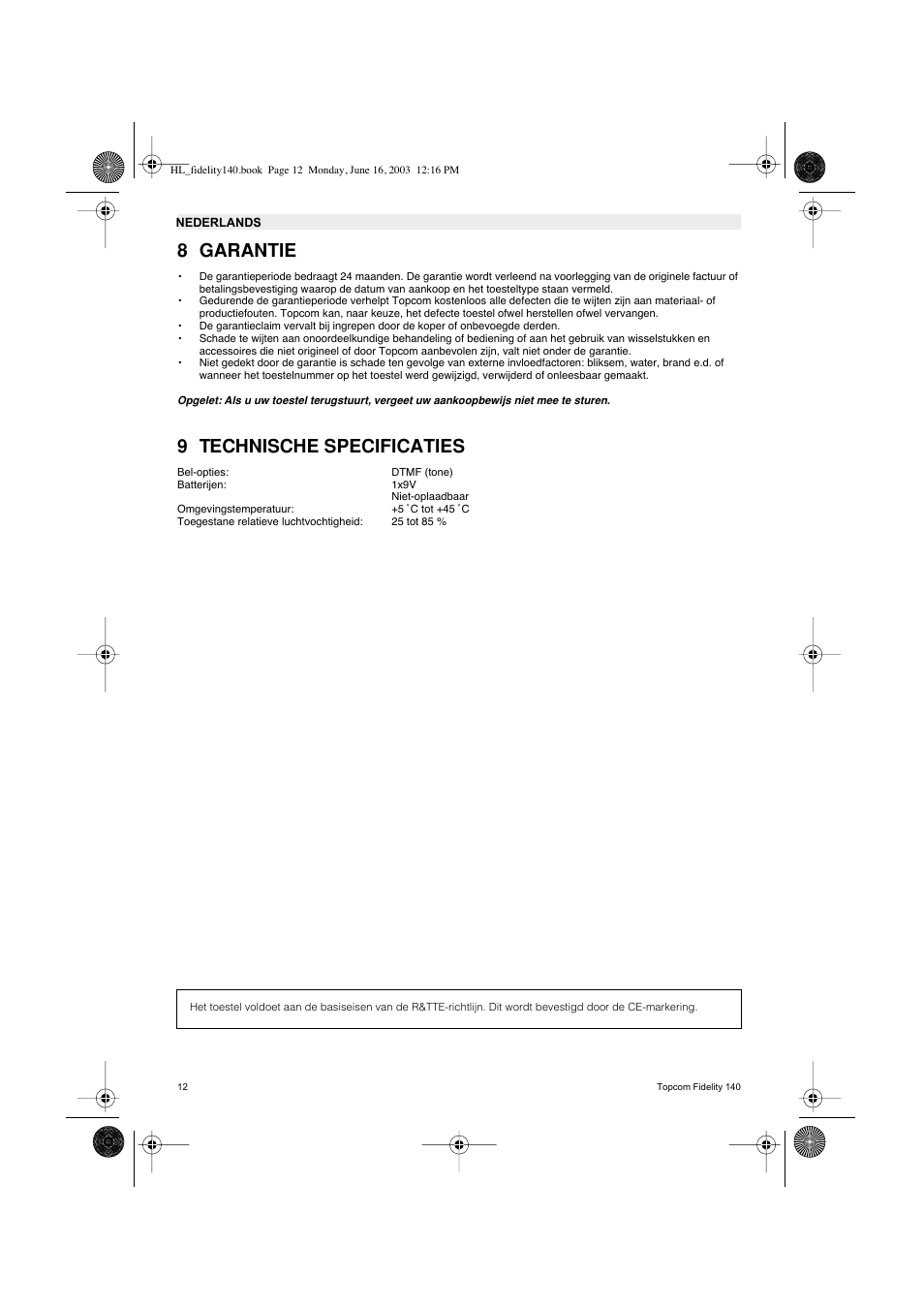 8 garantie, 9 technische specificaties | Topcom FIDELITY 140 User Manual | Page 12 / 60