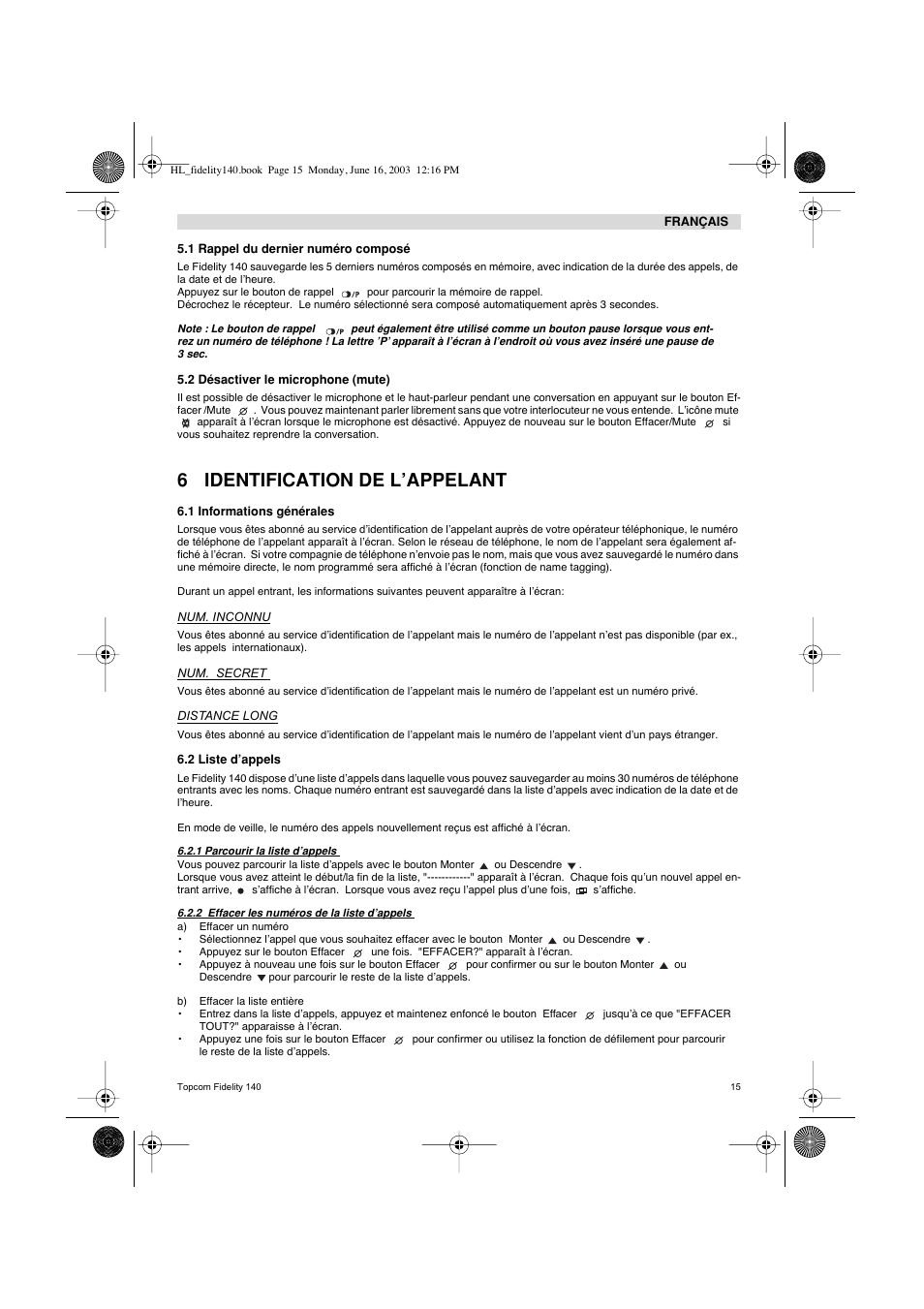 6 identification de l’appelant | Topcom FIDELITY 140 User Manual | Page 15 / 60