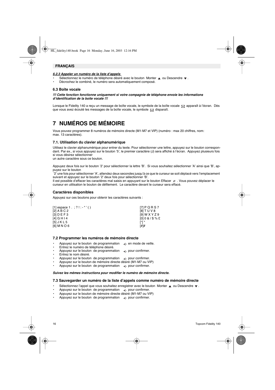 7 numéros de mémoire | Topcom FIDELITY 140 User Manual | Page 16 / 60