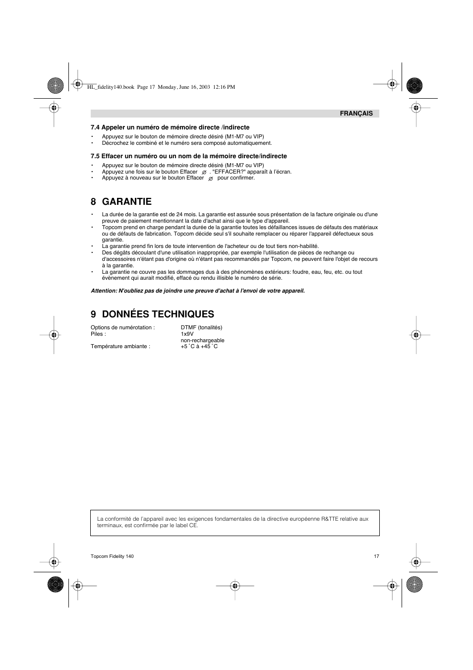 8 garantie, 9 données techniques | Topcom FIDELITY 140 User Manual | Page 17 / 60