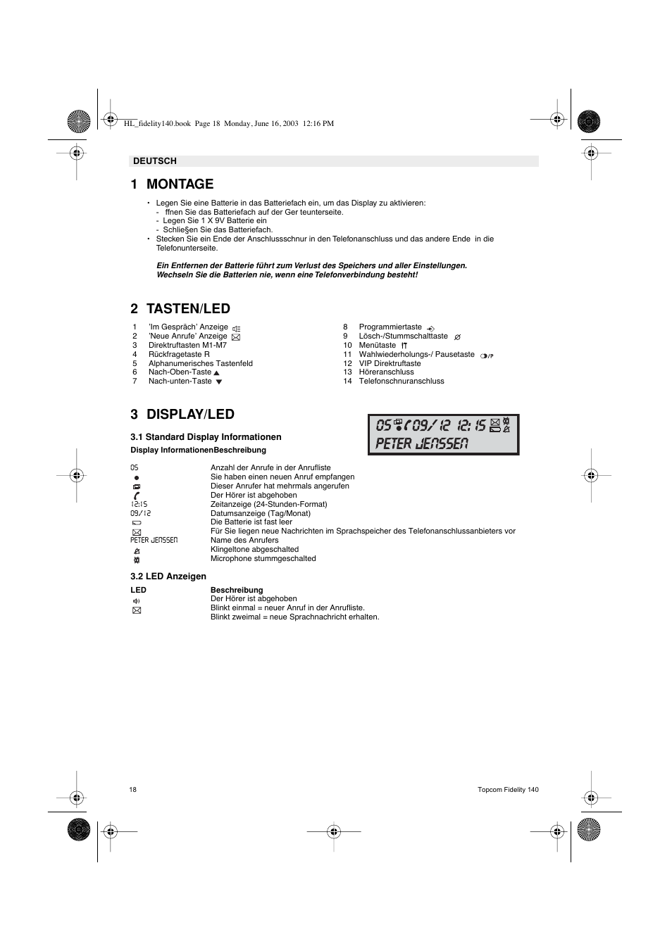 1 montage, 2 tasten/led 3 display/led | Topcom FIDELITY 140 User Manual | Page 18 / 60